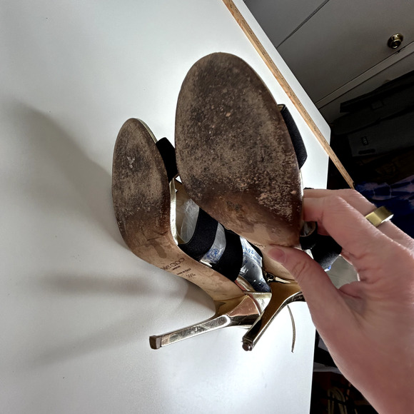 Jimmy Choo Gold Leather and Black Strap Stiletto Heel Peep Toe Sandals 39.5 - Picture 9 of 16